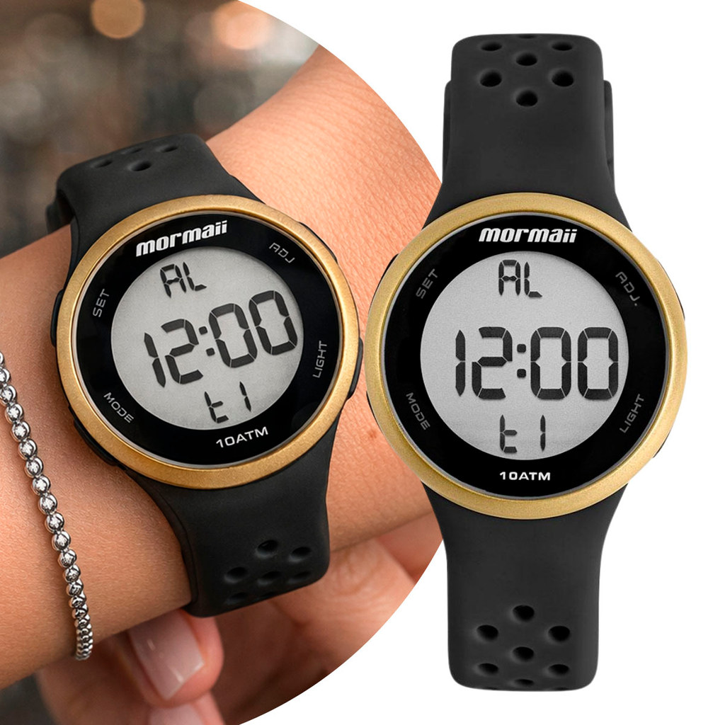 Relógio Feminino Digital de Pulso Preto e Dourado com Pulseira de Silicone à Prova D Água Pequeno Mormaii