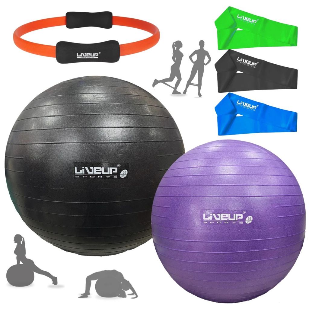 Kit Bolas Suíças Yoga Roxa 55 Cm + Preta 65 Cm + Mini Bands 3 Tensões + Bomba Inflar + Anel Pilates