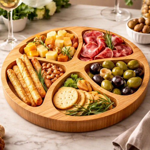 Petisqueira Bambu 5 Divisória Tábua Frios Aperitivo Queijo Cor De Madeira Petiscos Redonda kit 1 a 4 unidades Garfinhos