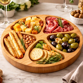 Petisqueira Bambu 5 Divisória Tábua Frios Aperitivo Queijo Cor De Madeira Petiscos Redonda kit 1 a 4 unidades Garfinhos em Oferta na Shopee