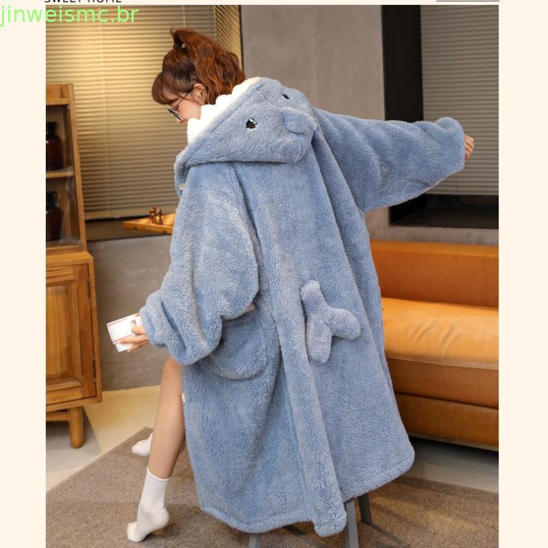 Pijama de tubarão feminino outono inverno Coral velo csola longo roupão influenciador venda quente forro de lã engros