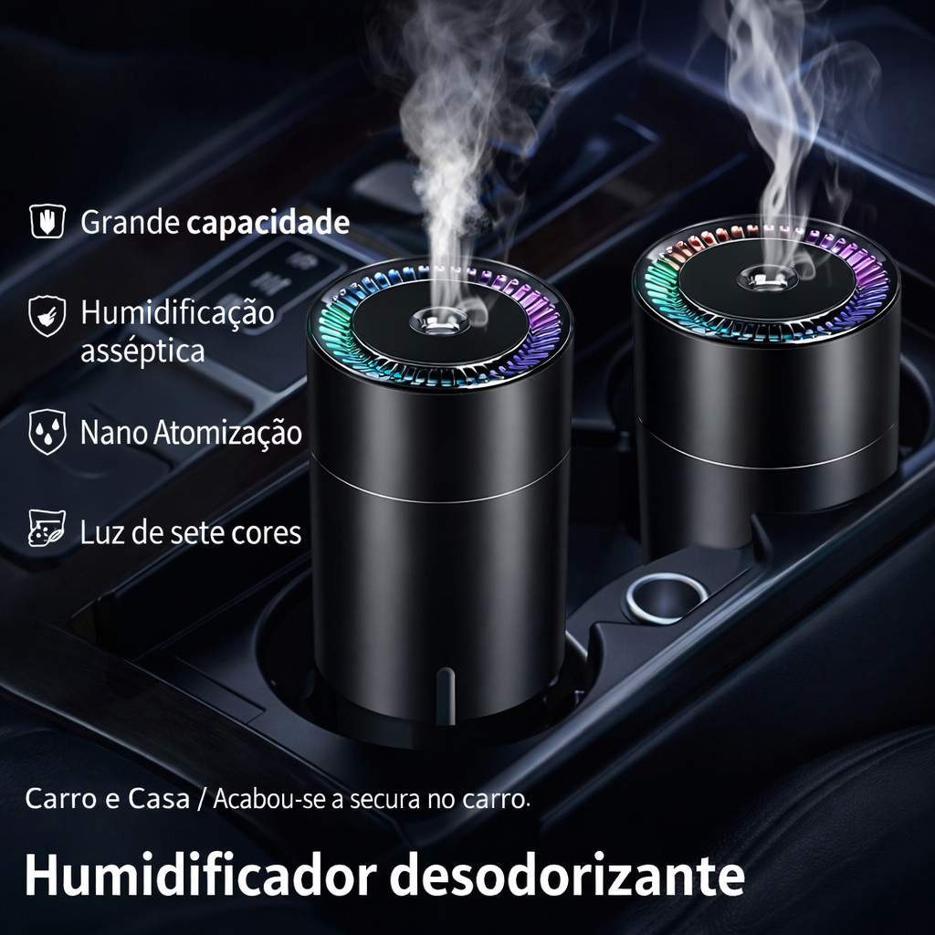 Umidificador Automotivo USB Nano Ultrassônico Difusor Aromático LED 7 Cores 300ml Carro Casa RGB 301