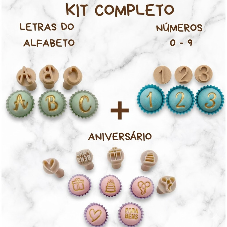 Letras do Alfabeto Completo 26 pçs + Números 0 - 9 + Aniversário Parabéns Carimbo Para Brigadeiro e Doces 3 kits