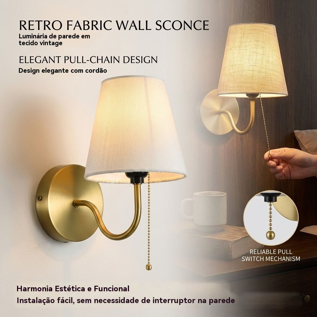 Arandela Parede Dourada Cúpula Tecido Interruptor Cordinha em Oferta na Shopee