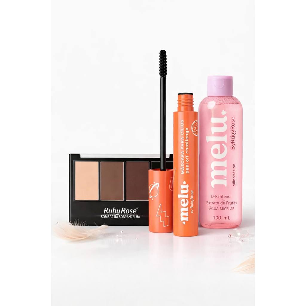 Kit Agua Micelar + Mascara de cilios Rimel Ruby Rose + palheta de sombras Ruby Rose Melu Maquiagem