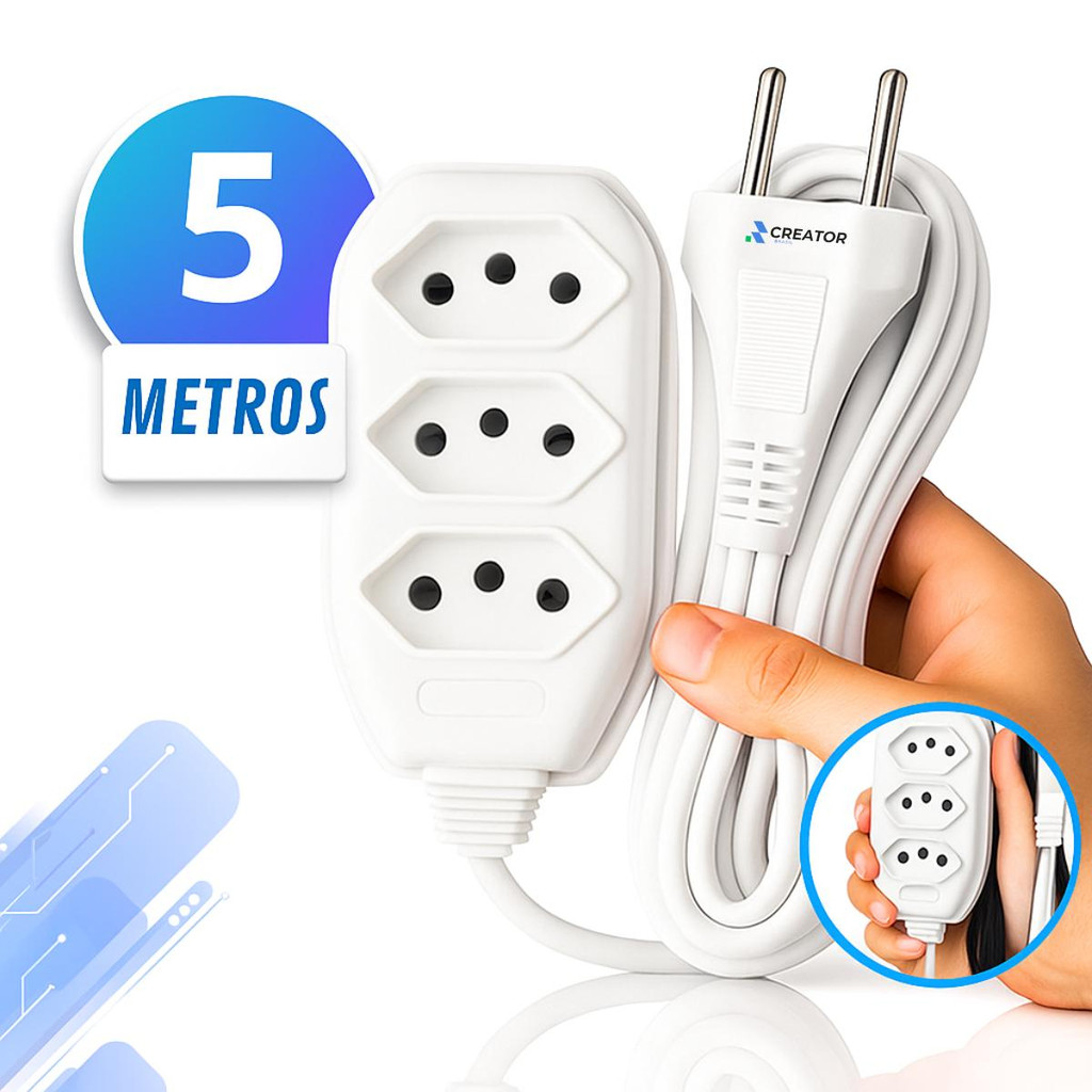 Extensão Elétrica 2/ 3/ 5/ 10 Metros Branca 3 Tomada Tripolar Bivolt 10a Compacta Creator Brasil