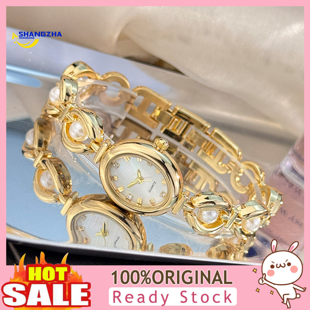 Fashion Chain Strap Watch Oval Dial Elegant Ladies Quartz with Faux Pearl Bracelet – Luxury Retro Wristwatch Nacre Sur