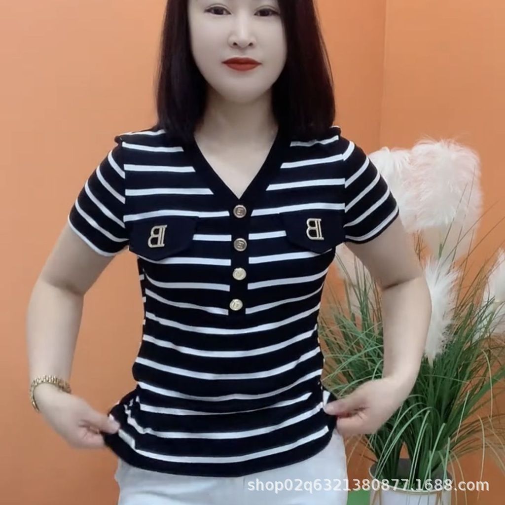 Base de barriga tw camisa feminina código de capa verão coreia solta manga curta olhar listrado feminino grande qualidad