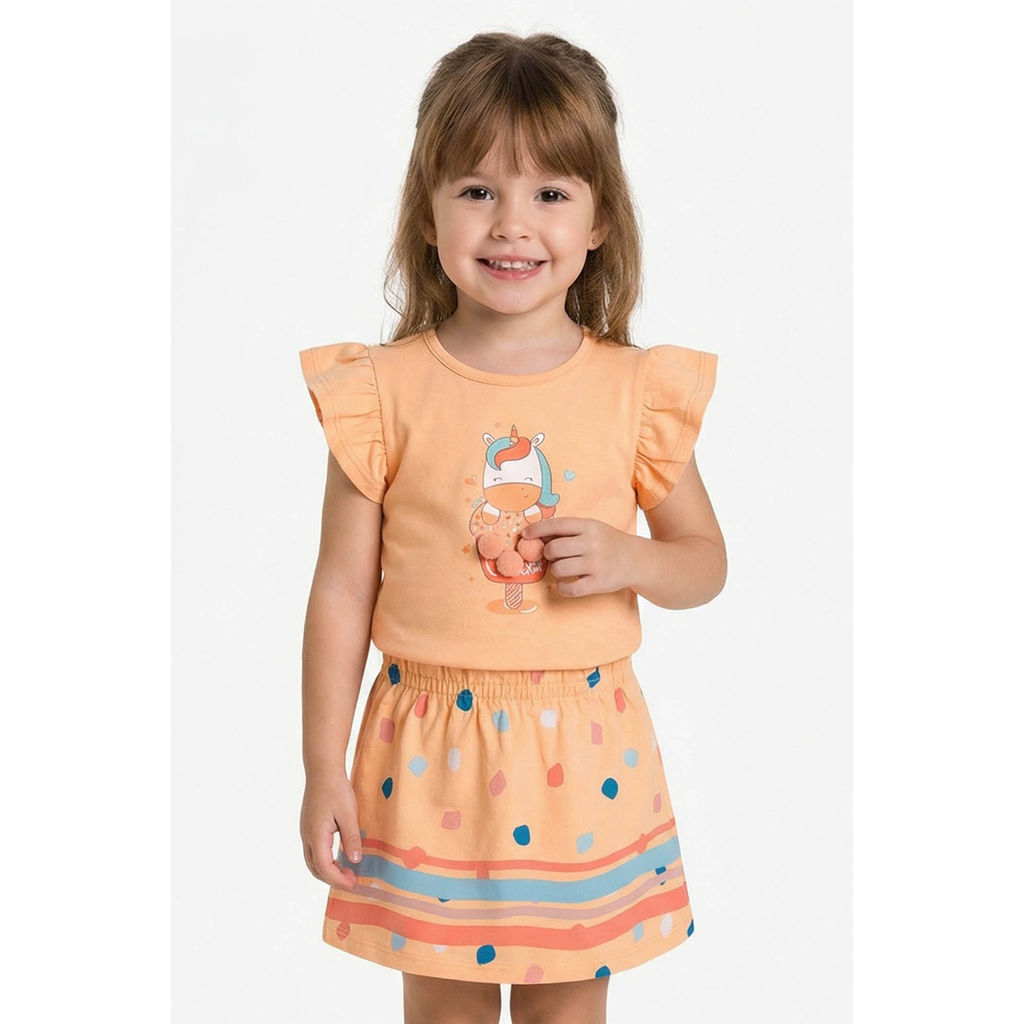 Conjunto Bebê Menina Unicórnio Com Pompom Elian Laranja