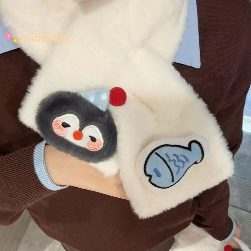 [Init-t] Cachecol Fofo De Peixe E Pinguim Para Crianças , Estudante , Cruz , Peludo , Proteção Ne , Kawaii , Meninas , I