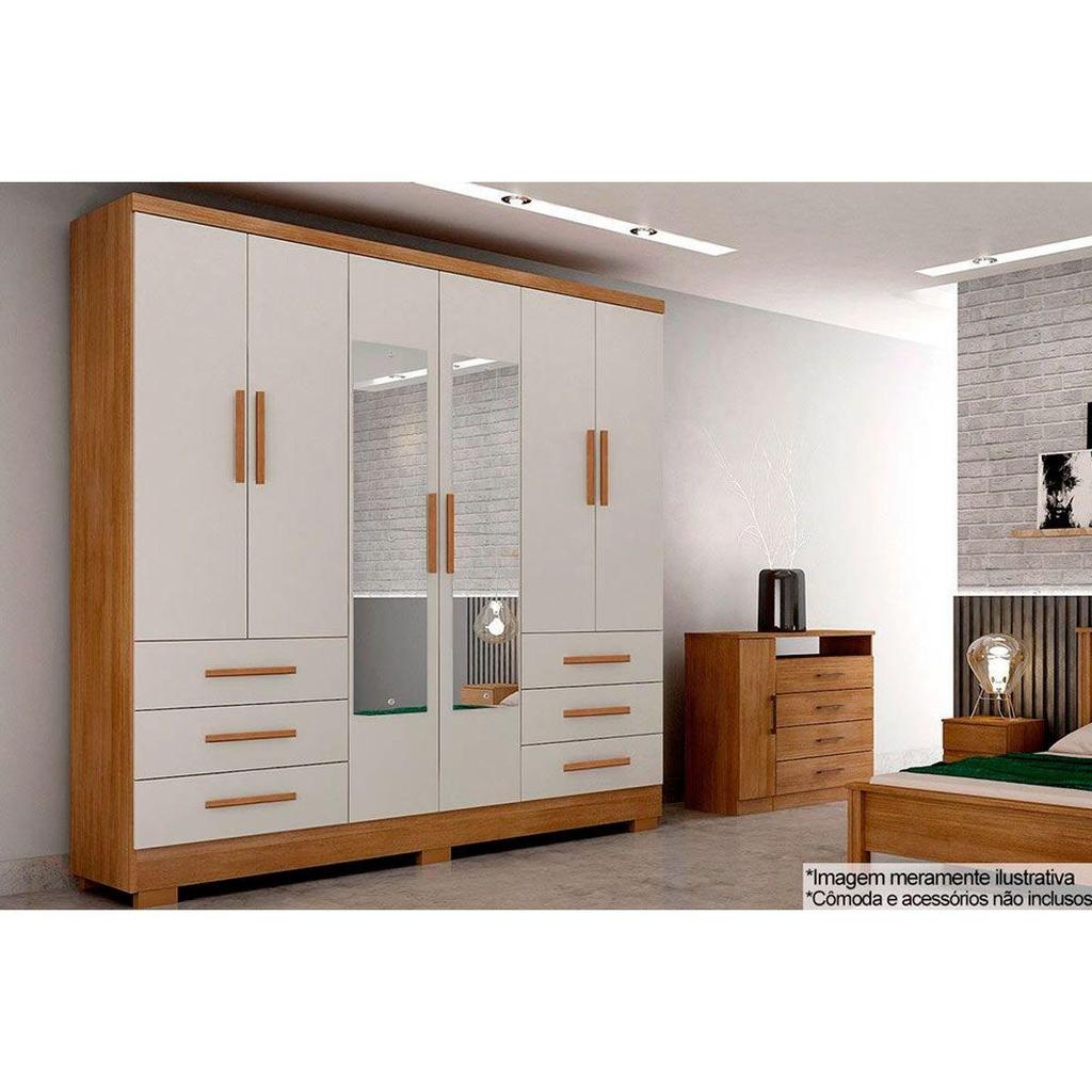 Guarda Roupa Casal 6 Portas e 6 Gavetas c/Espelho e Pés Encant Freijo Cumaru c/ Fendi - Novo Horizonte