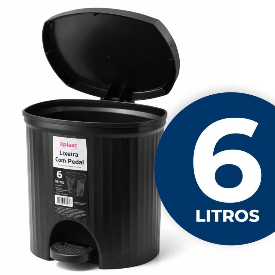 Lixeira 6 Litros Com Tampa Pedal De Plástico Preto Cesto  Resistente  Para Escritório Cozinha Banheiro