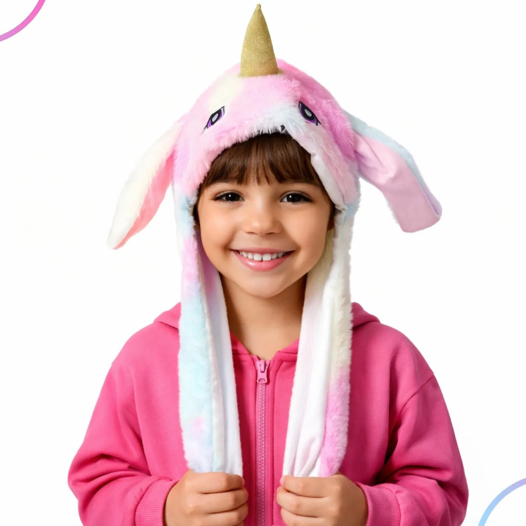 Gorro Infantil Pelúcia Unicórnio Macio Fofo Levanta A Orelha Fantasia Kids Presente