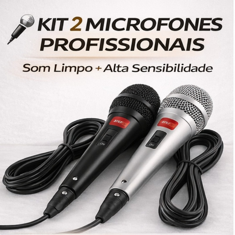 Kit Microfone Profissional Com 2 Unidades Com Fio Dinâmico