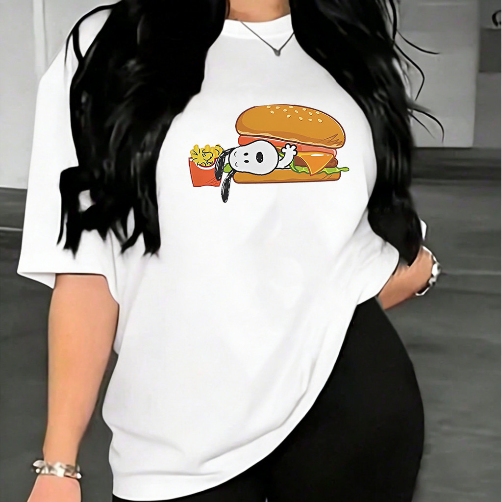 2026 Camiseta Feminina Unissex Estampa Boneco Snoopy Hamburguer Batata Frita T-shirt Streetwear