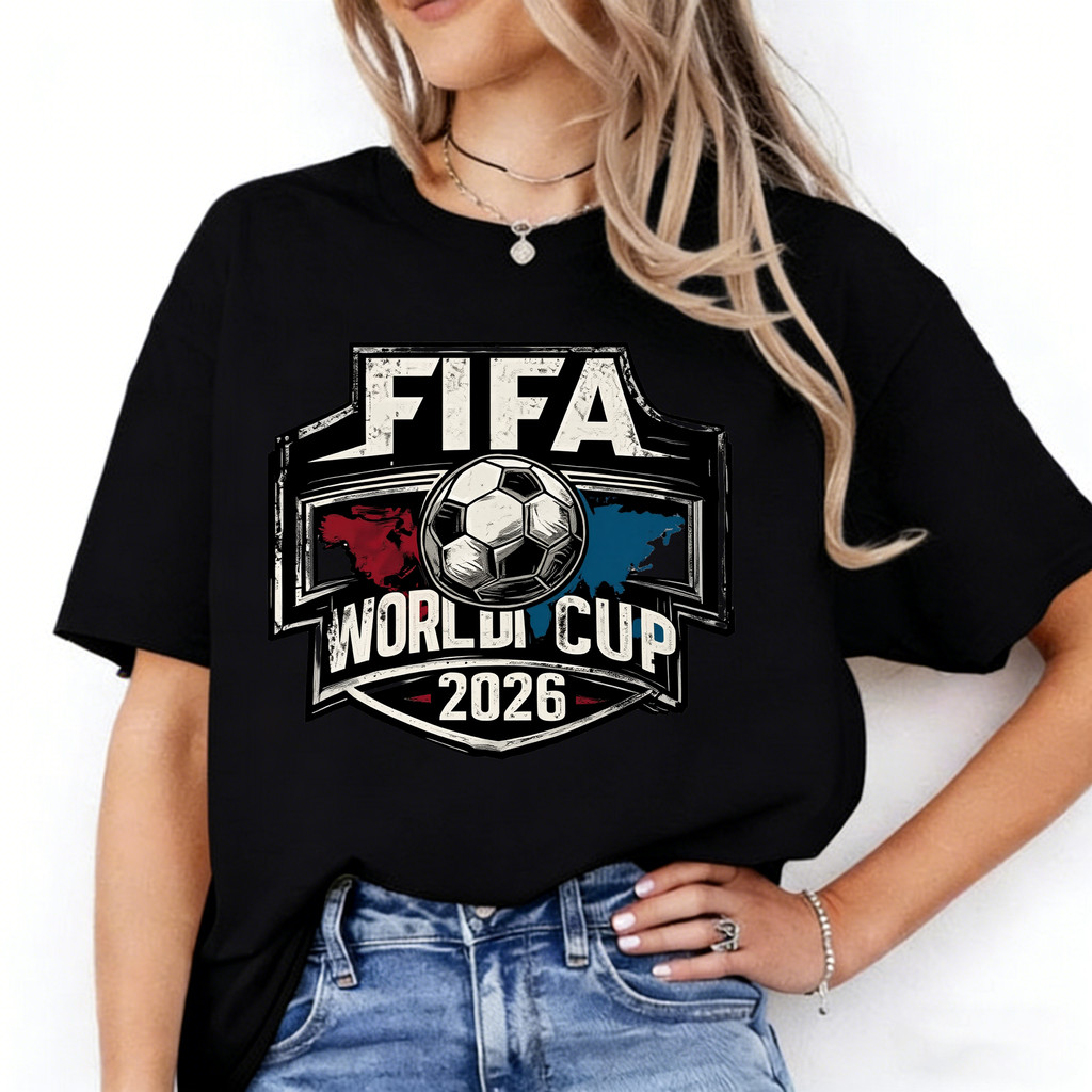 Camiseta Do FIFA World Cup 2026 Estados Unidos, Canadá, México - Design Com Bola De Futebol, Cores Preto, Branco, Azul E