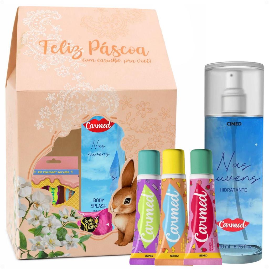 Kit Carmed Páscoa: 3 Hidratantes Labiais Sorvete, Body Splash Nas Nuvens e Mimo Bombom Sonho De Valsa