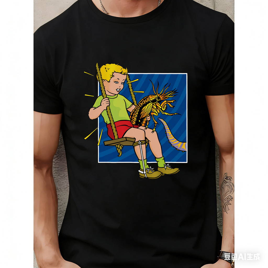 Camiseta Unissex Oversized Plus Size Feminina Masculina Poster Infantil Desenho Animado Criança no Balanço Com Inseto Es