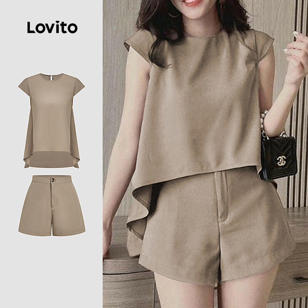 Lovito Conjuntos Casuais de Shorts com Pregas para Primavera/verão Shorts Caqui para mulheres L154ED206