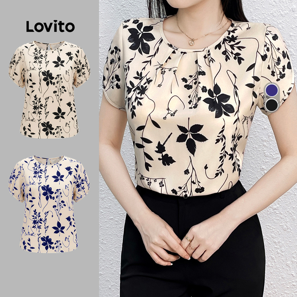 Lovito Blusa Elegante com Flores  Franzida  Primavera/verão  para mulheres L143ED387