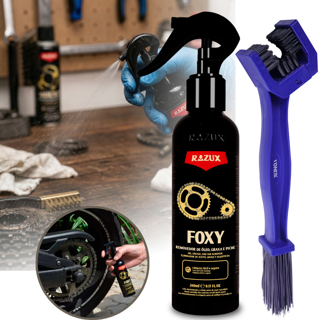 Foxy Razux Limpador de Corrente Motor Desengraxante 240ml Escova Limpa Corrente Moto Bicicleta