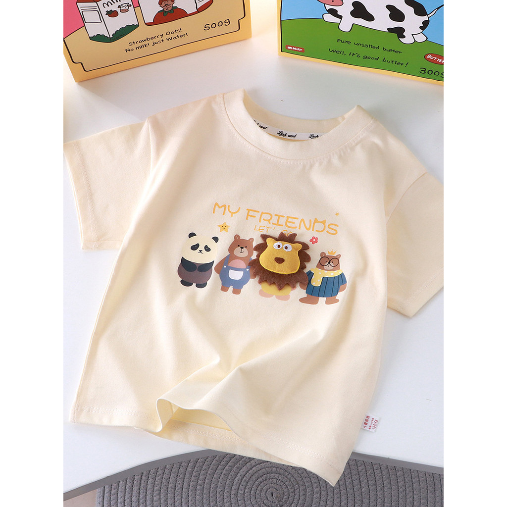 Crianças dos desenhos animados tridimensional boneca de manga curta camiseta verão fino algodão topo meninos meninas bon