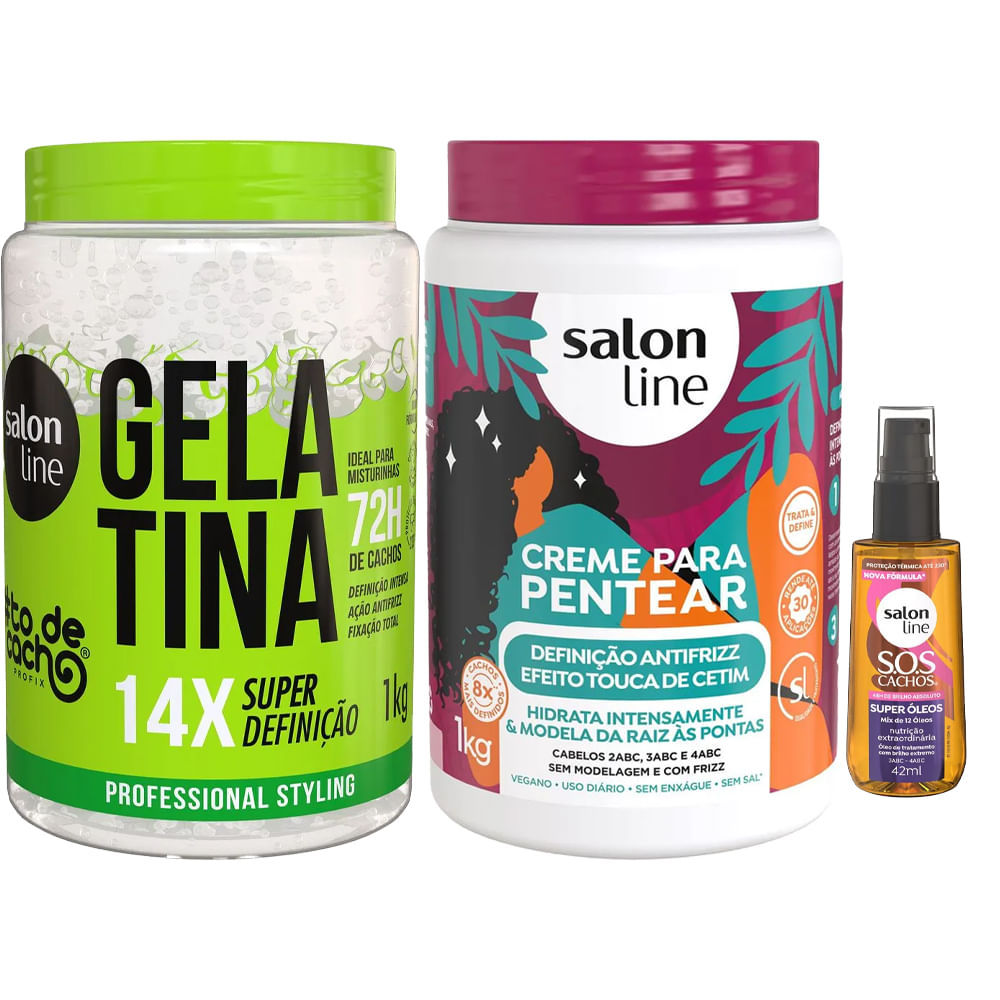 Kit Salon Line Gelatina 1kg + Creme De Pentear Definição Antifrizz 1Kg + Óleo Capilar Super Óleos 42ml em Oferta na Shopee