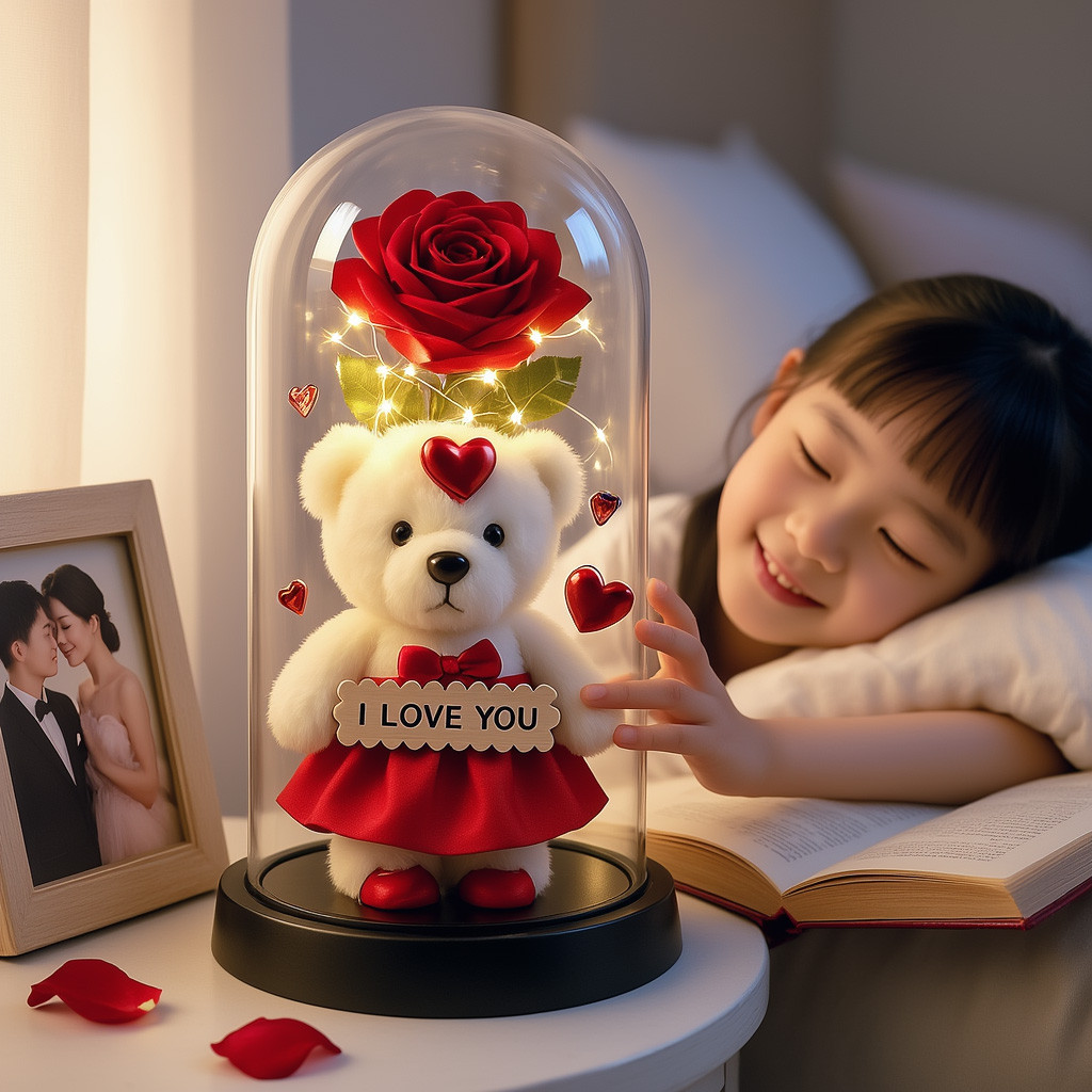 Rosa mágica com luz de LED - Flor decorativa eterna em cúpula de acrílico, presente de aniversário para namorada