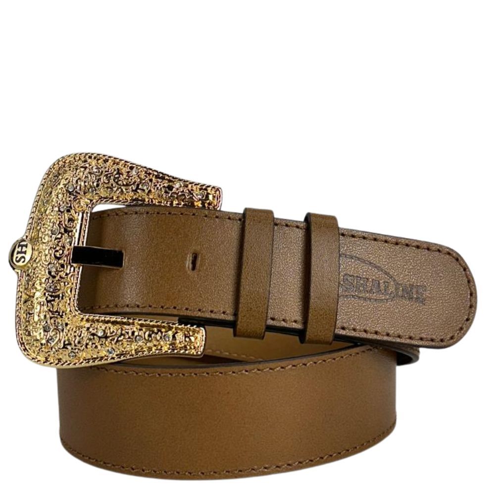 Cinto Feminino Shaline Viena Couro Napa Bured Cognac Caramelo Com 2 Passadeiras e Fivela Dourada Ouro - Ref. 3001-3007
