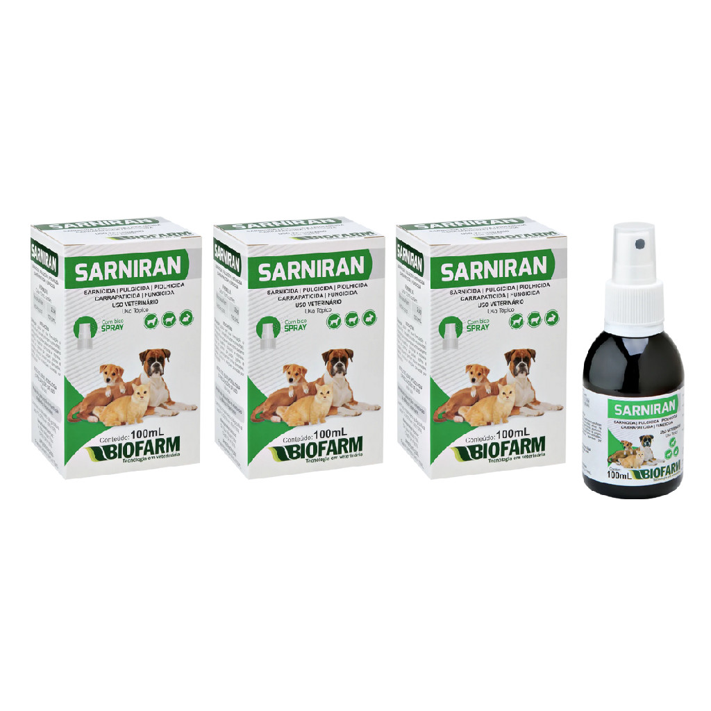 Antipulga Anticarrapato Sarna Fungicida Para Cachorro Gato Coelho SARNIRAN PET 100 mL x 3 Unidades