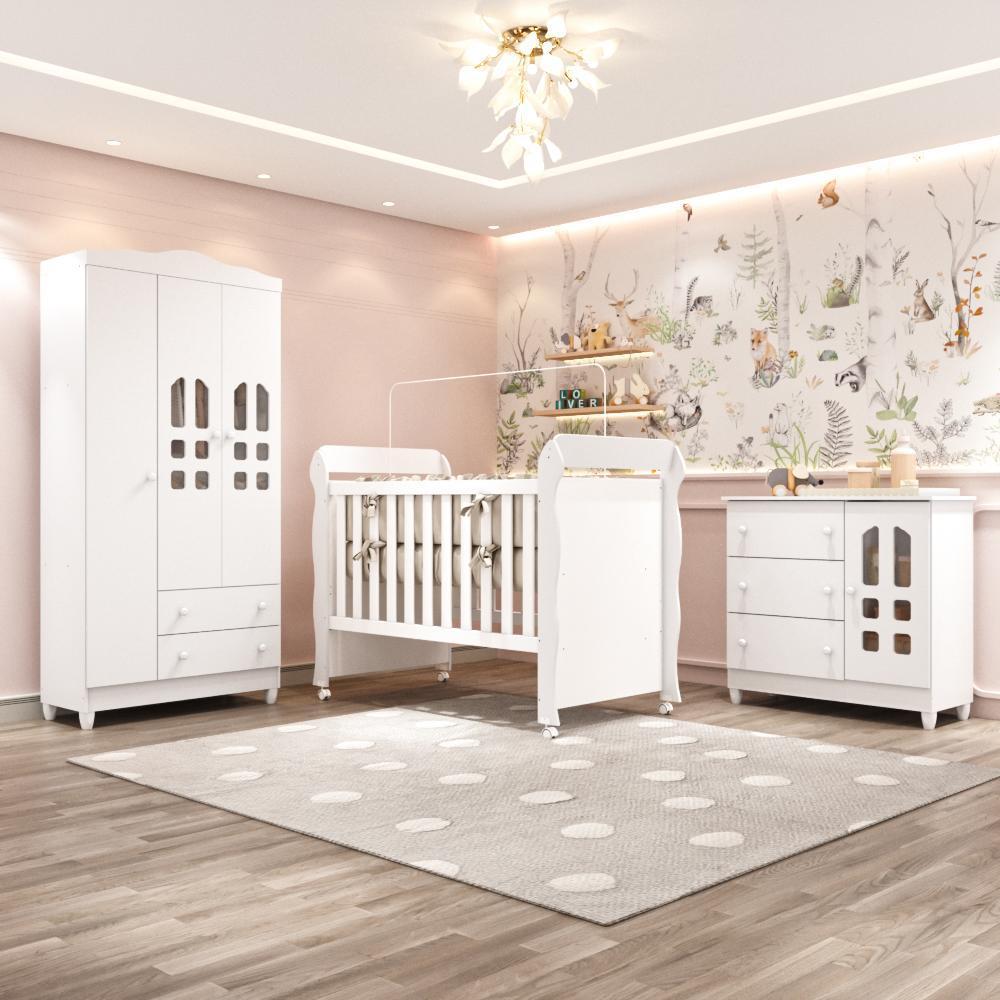 Quarto Bebê Completo Berço Americano 3Em1 Mirelle Guarda Roupa 3 Portas Cômoda Infantil 100% MDF