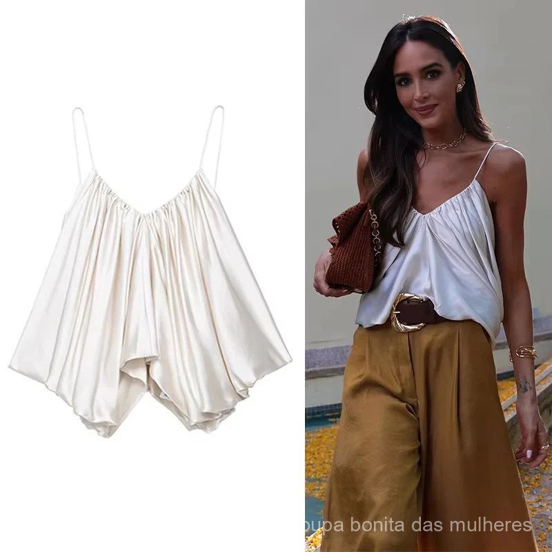 Novo Top de Cetim Elegante para Mulheres 2025, Top Curto Sem Mangas com Alças Finas, Top Sexy Sem Costas para Festa
