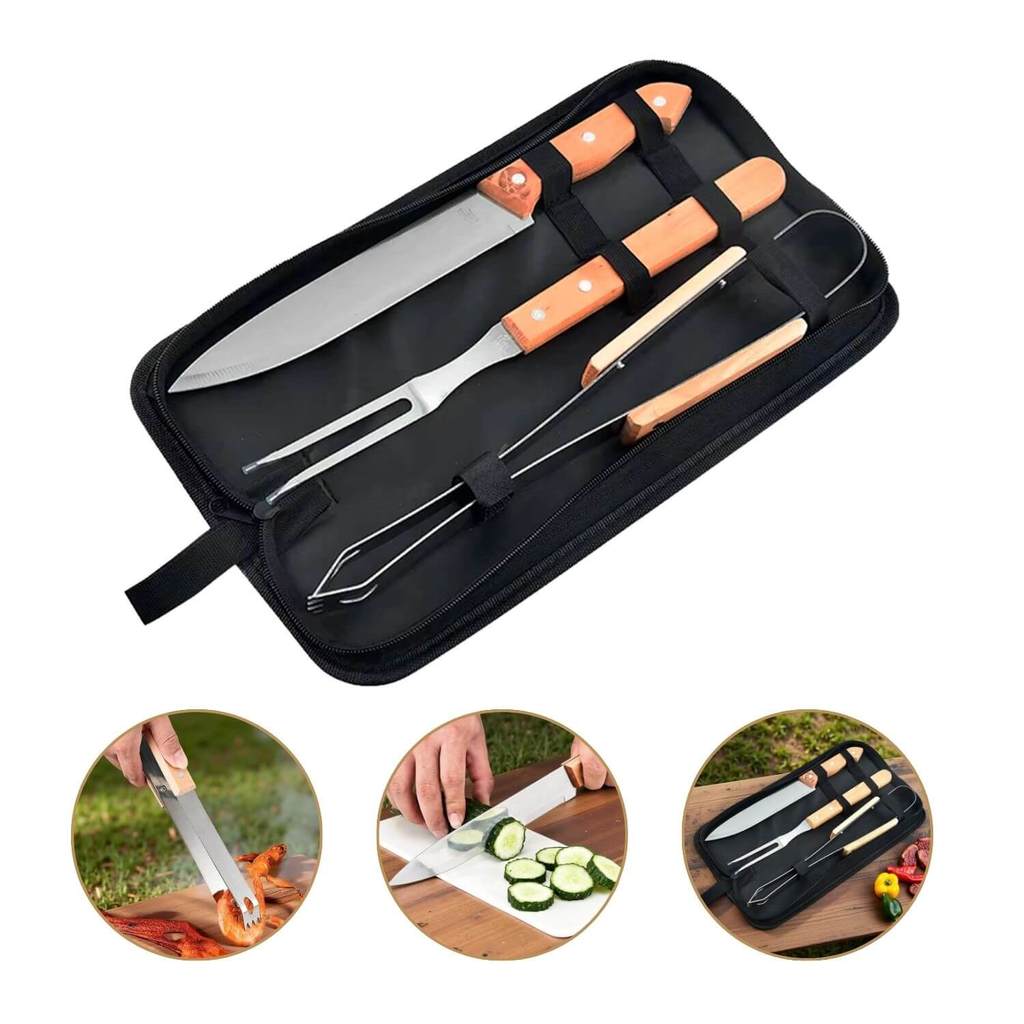 Kit Churrasco Barbecue 4 Peças Faca Garfo Pegador e Estojo Completo Profissional Gourmet