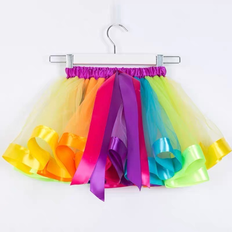 40CM Saia De Tule Arco-íris Com Lanço Saia Tutu Colorida Unicórnio Fantasia Festa Aniversário Carnaval Helloween