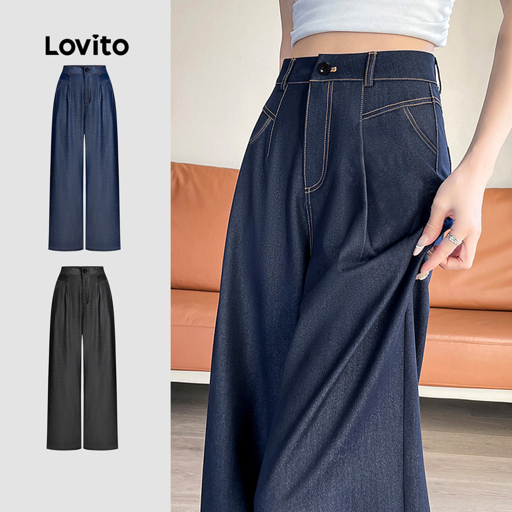 Lovito Calças Elegantes com Linha Estruturada Toque Suave Calças Azulescuro para Todas As Estações LBL26017 em Oferta na Shopee