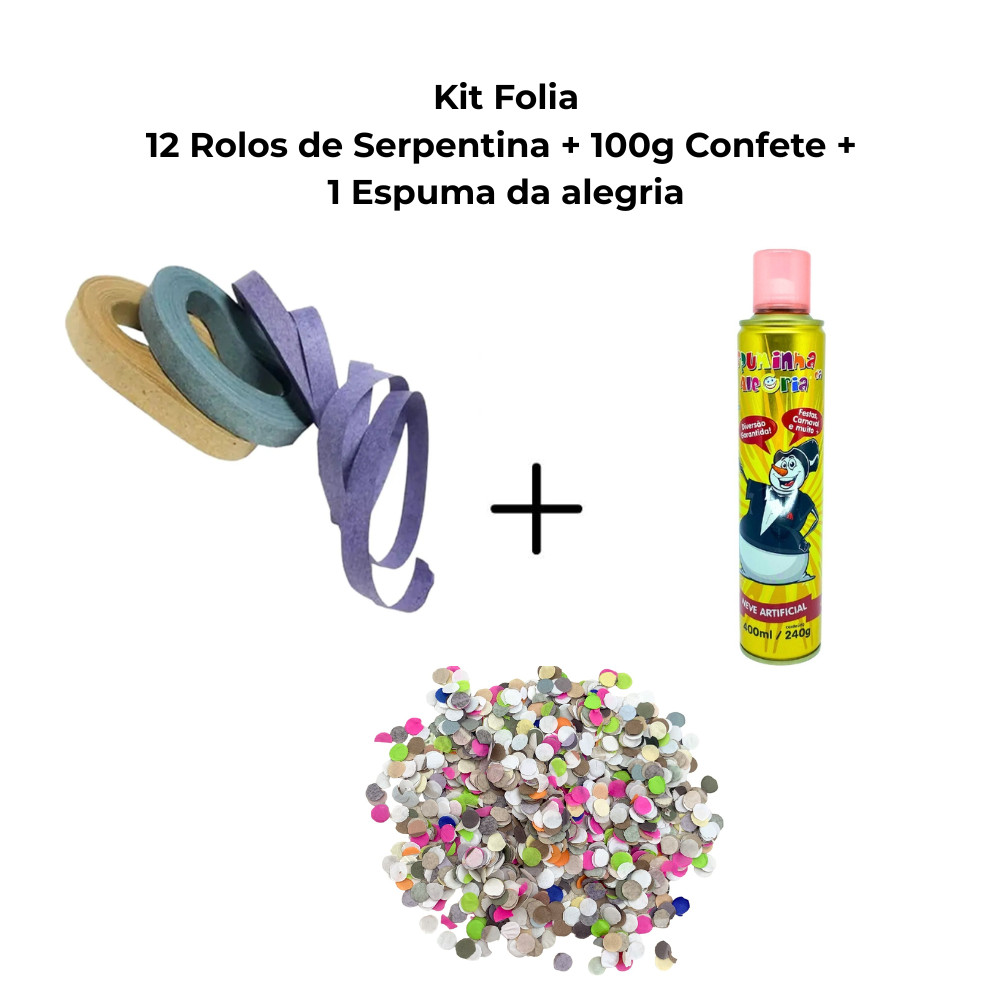 Kit Folia 12 Rolos Serpentina + 1 Espuma Alegria + 100g Confete Colorido para Festa Carnaval Bloco