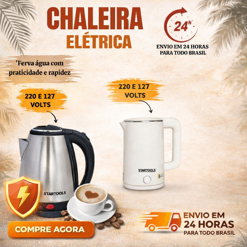 Chaleira Elétrica de Aço Inox 1.6L 127V/220V, Ferve Água Rápido com Tampa e Desligamento Automático