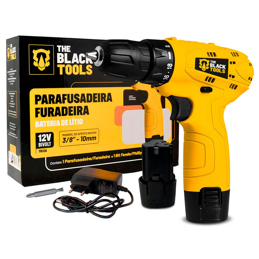 Parafusadeira E Furadeira 3/8 12v A Bateria Profissional Bivolt The Black Tools em Oferta na Shopee