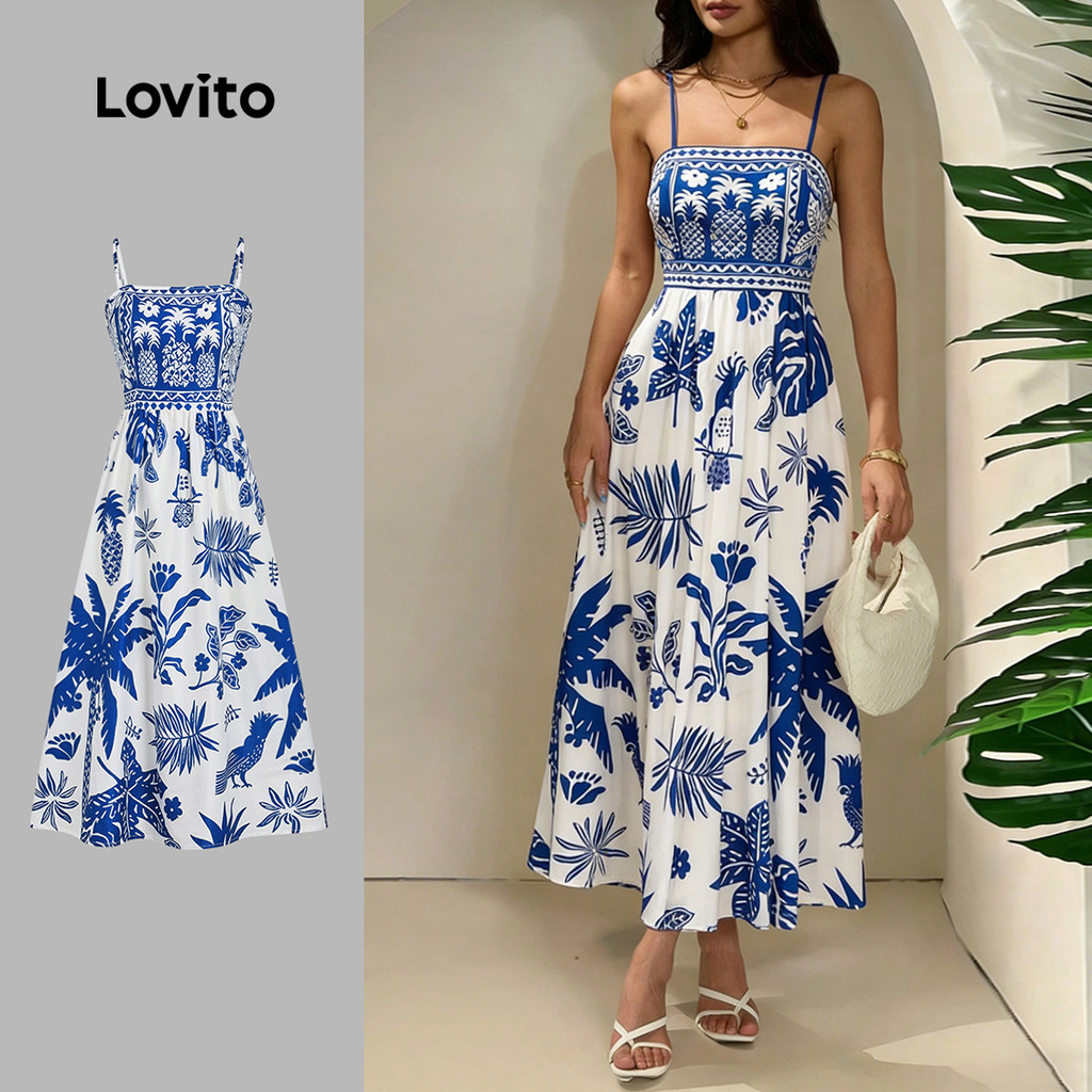Lovito Vestido Boho Étnico Estampado Com Zíper Azul Para Primavera/verão Feminino LBL32054 em Oferta na Shopee