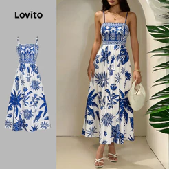 Lovito Vestido Boho Étnico Estampado Com Zíper Azul Para Primavera/verão Feminino LBL32054