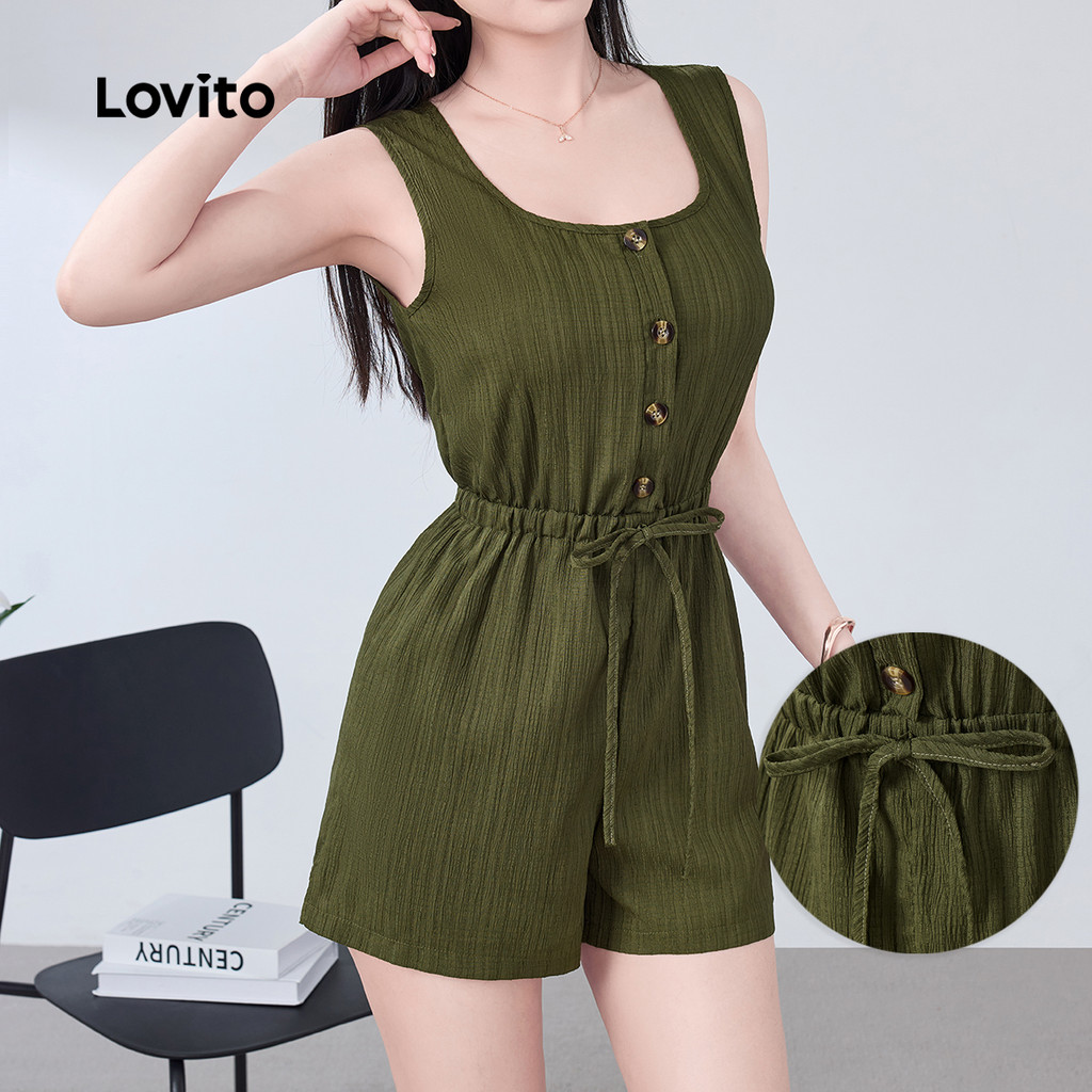 Lovito  Macacão Casual Botão Amarrar Frontal Primavera/verão Verde Exército para Mulheres L172ED1017 em Oferta na Shopee