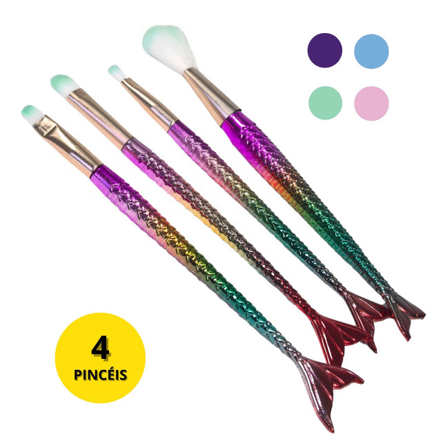 Kit 4 Pincéis Maquiagem Sereia Colorido – Cerdas Macias Profissional