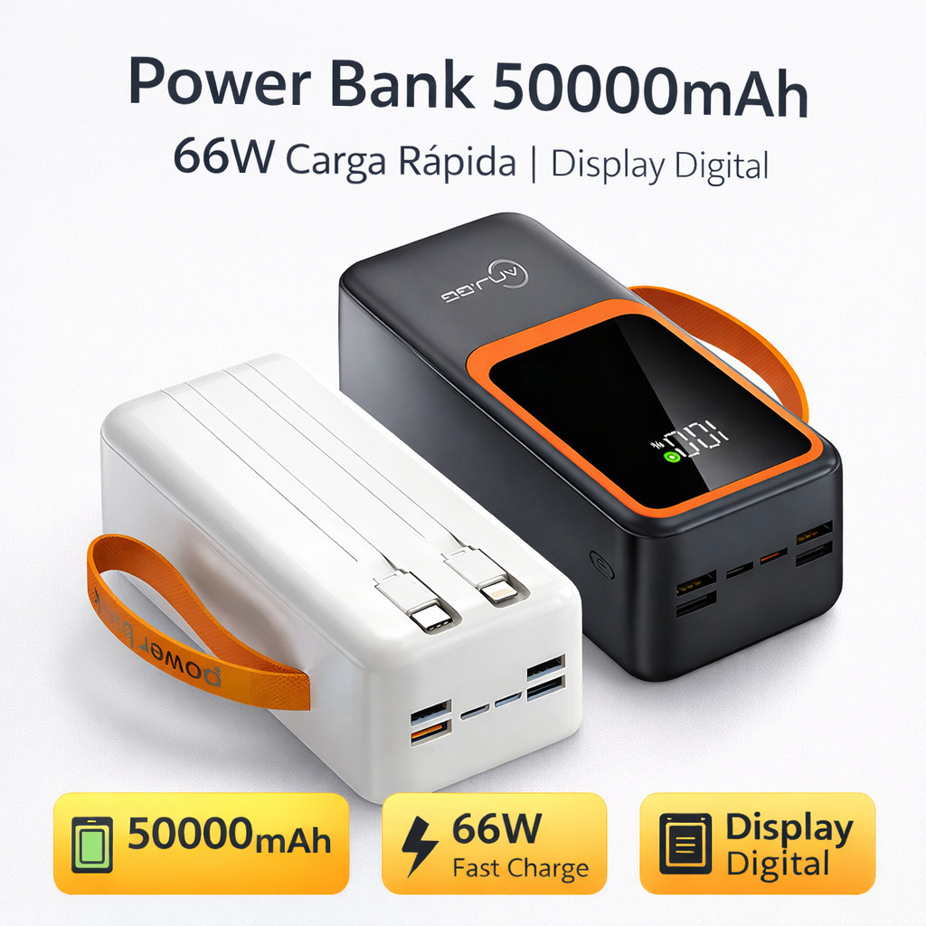Power Bank 50000mAh com Tela Digital, Carregamento Rápido 66W e Alta Capacidade