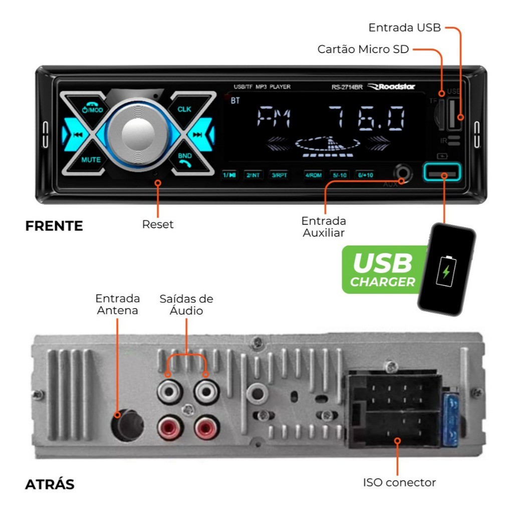 Rádio Automotivo Mp3 Roadstar Bluetooth Potente 2 Usb Carrega Celular Premium