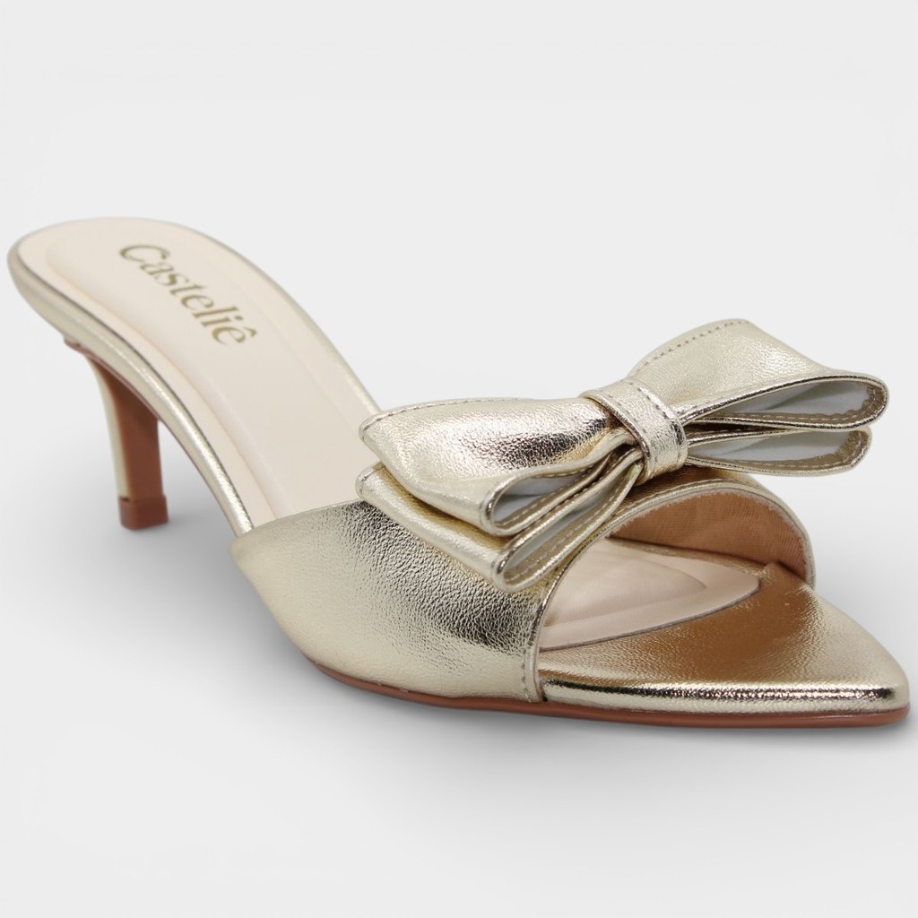 Tamanco Casteliê Intense Salto Fino Laço Feminino - Dourado em Oferta na Shopee