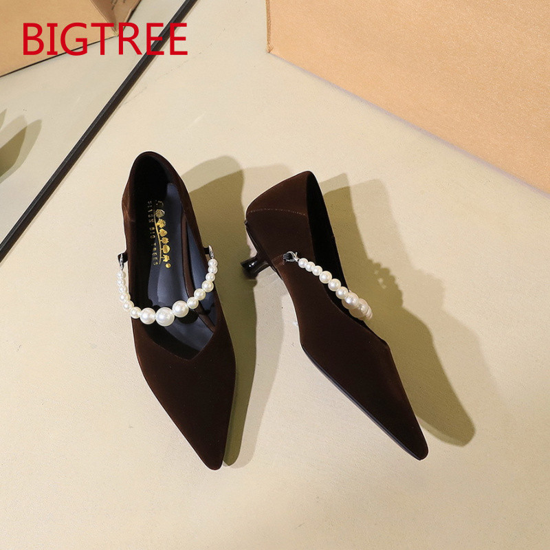 Imagem Sapatos Elegantes Femininos BIGTREE de Salto Alto Marrom Escuro, Bico Fino Francês, Stiletto de Camurça 2355-K216