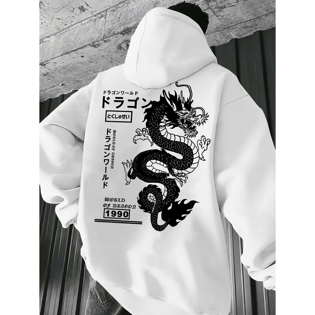 Moletom Masculino  Estampa de Dragão Japonês Moda Masculina Blusa de Frio Capote Blusão Com bolso e Capúz Linha Premium