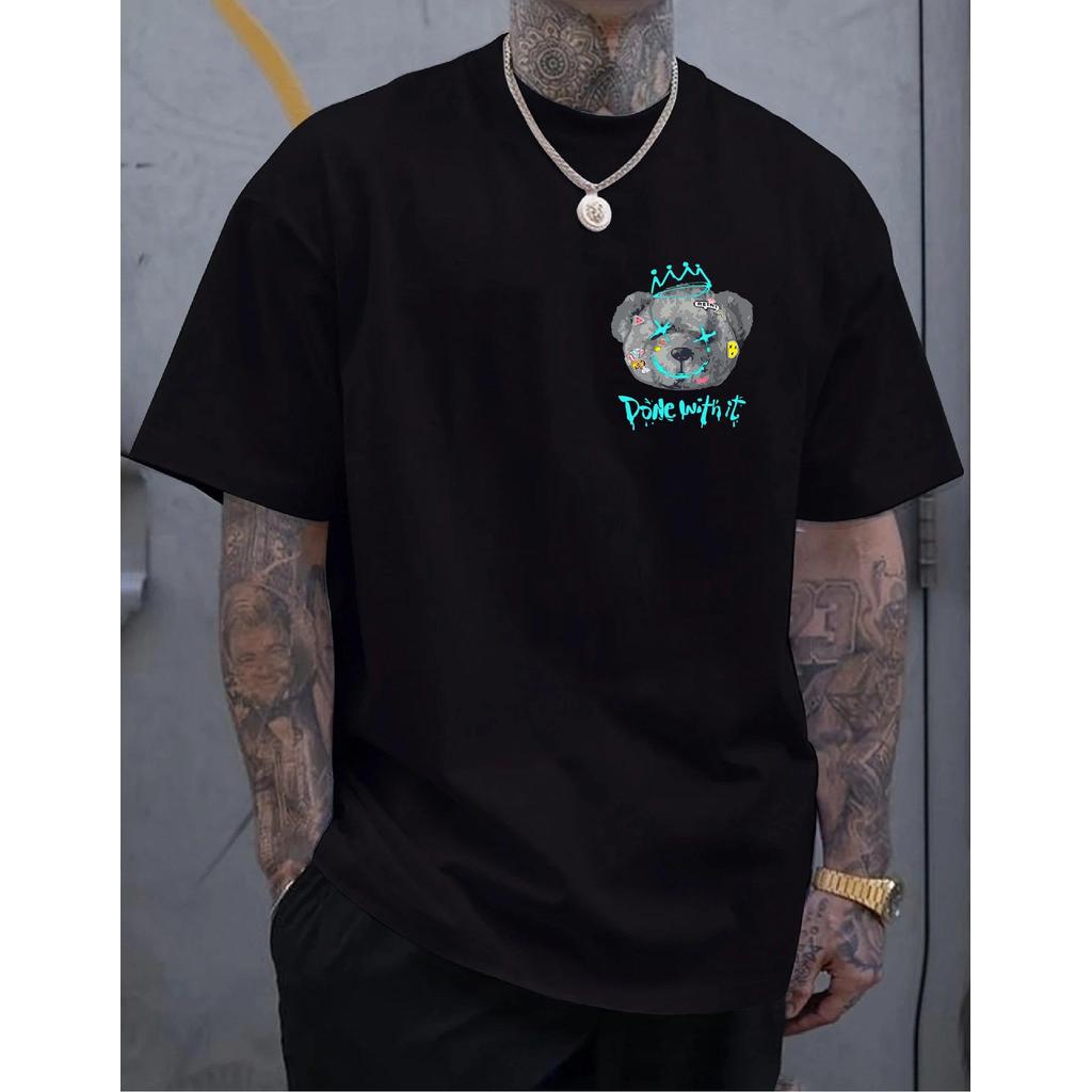 Camiseta Masculina Streetwear Algodão Penteado Infantil Adulto Plus Size Estampa Urso Coroa Rei Done With Moda Estilo