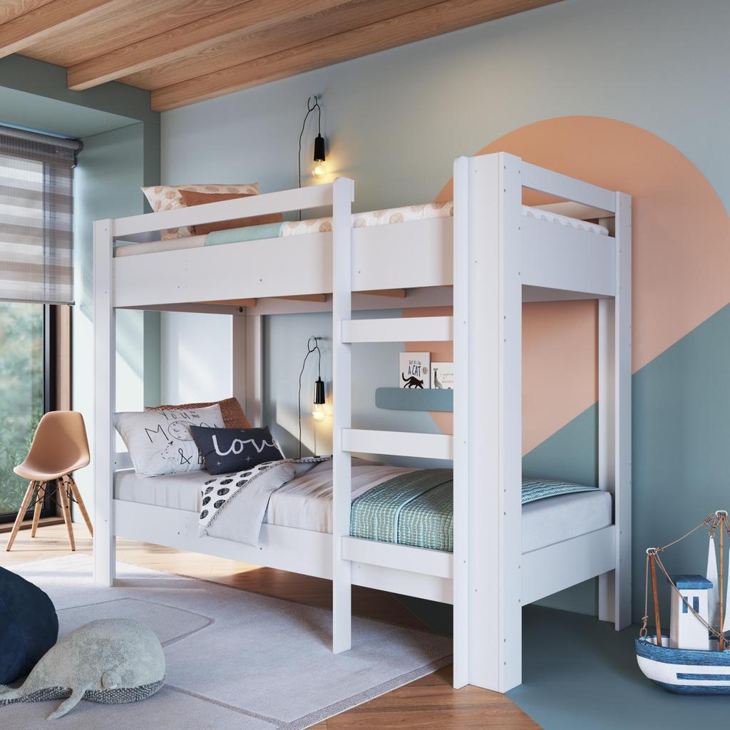 Cama Beliche Infantil Bicama Menino Menina Solteiro 1,96m com Escada e Proteção Lateral Branca em Oferta na Shopee