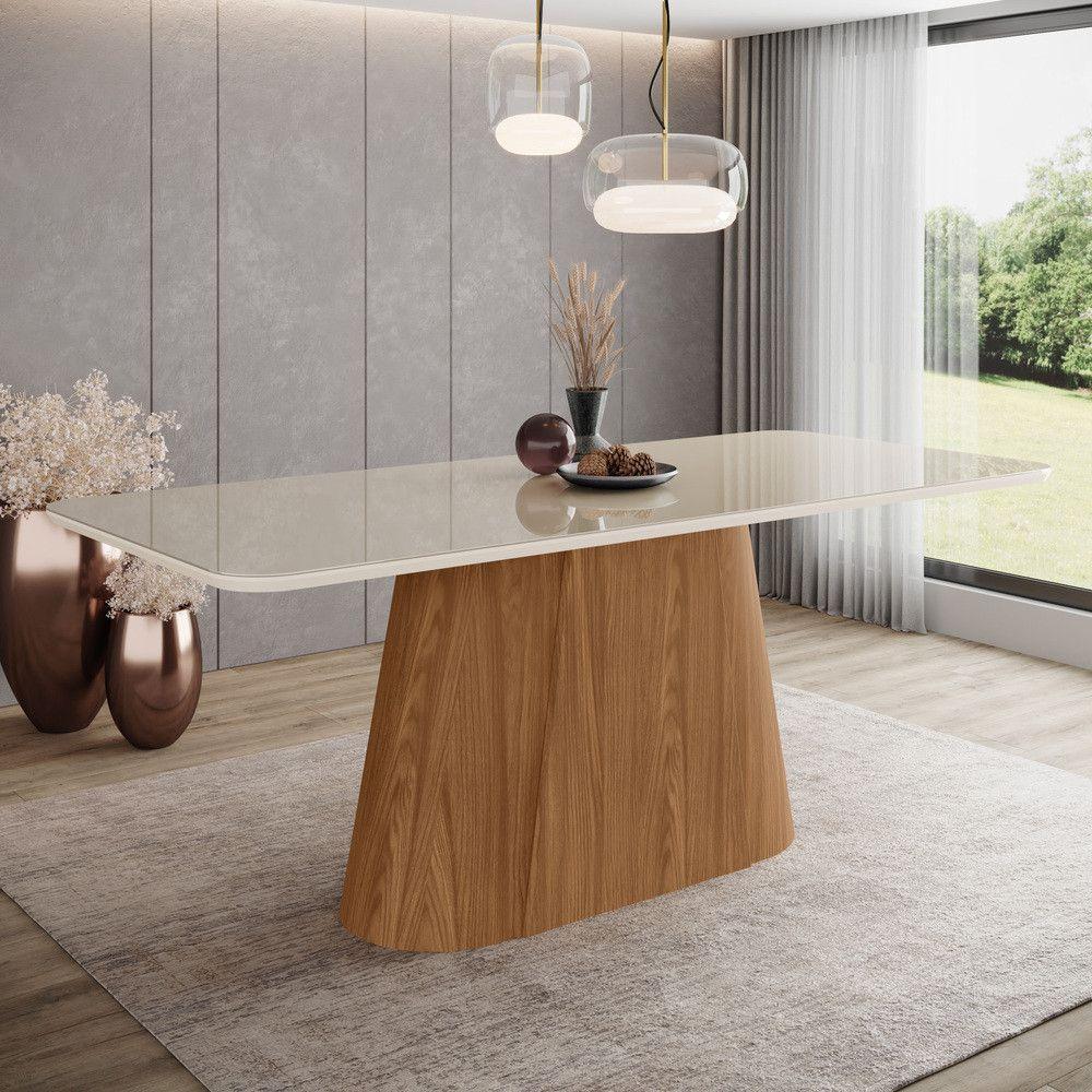 Mesa Olivia 8 Lugares Tampo 200cm C Vidro Canto Arredondado Nature Com Off White